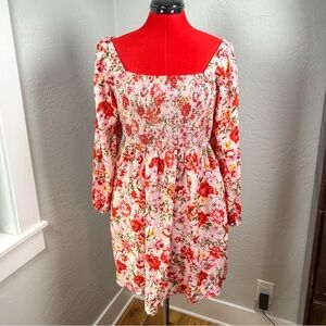 Old Navy Pink Red Floral Smocked Mini Dress Off Shoulder Puff Sleeve Size L
